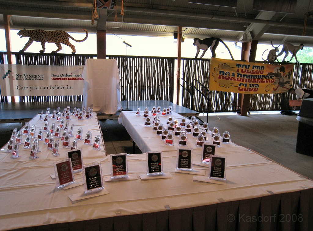 Dart Frog Dash 08 0056.jpg - Awards "Three Deep" for all age groups, and overall men's and women's trophys waiting for the people that are much faster than I to pick up later.